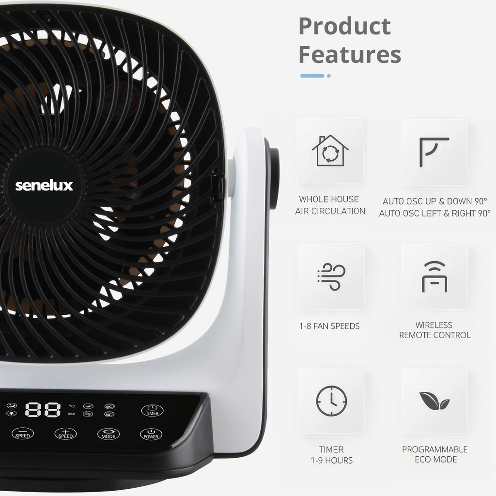 Senelux 9" DC Luftzirkulationsventilator - Ultraleise - Automatische Oszillation, 8 Lüfterstufen, 4 Betriebsmodi, Timer, LED-Anzeige & Fernbedienung